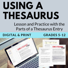 Load image into Gallery viewer, Using a Thesaurus Lesson Handout, Worksheet on Parts of a Thesaurus Entry