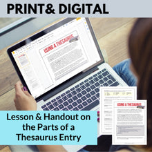 Load image into Gallery viewer, Using a Thesaurus Lesson Handout, Worksheet on Parts of a Thesaurus Entry