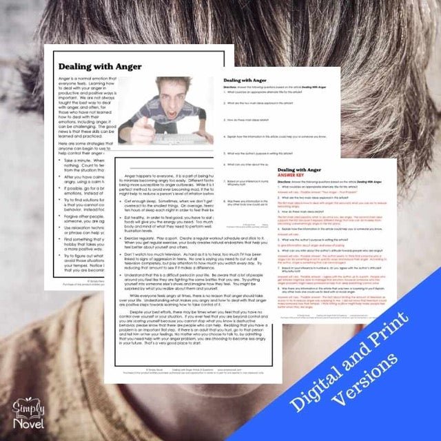 Dealing with Anger - Anger Management Informational Text Article with Questions - Simply Novel