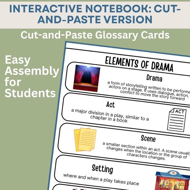 Elements of Drama Toolkit: Glossary, Student Article & Interactive Notebook Set - Simply Novel