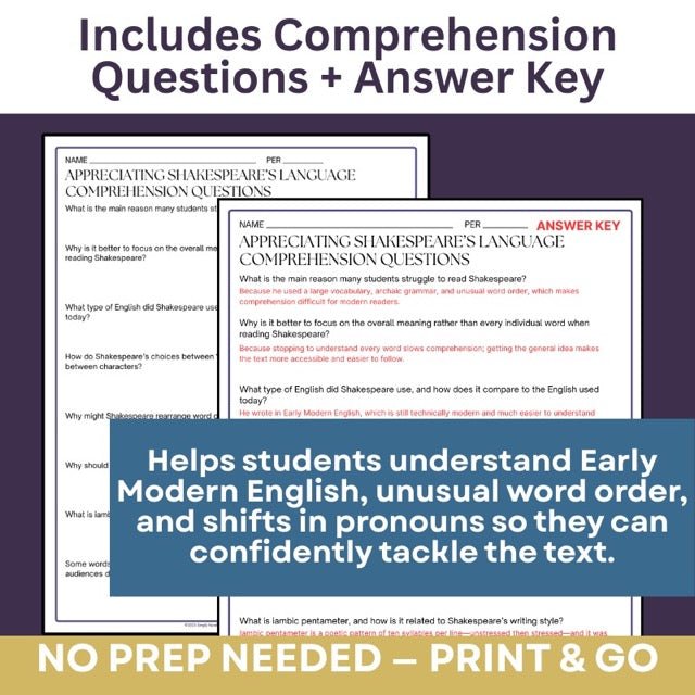 How to Read Shakespeare’s Language | Informational Text, Comprehension Questions - Simply Novel