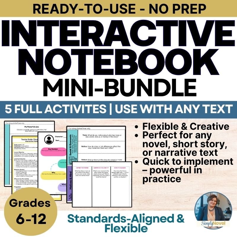 Interactive Notebook Mini - Bundle - 5 Full Activities to Use With Any Text - Grades 6 - 12 - Simply Novel