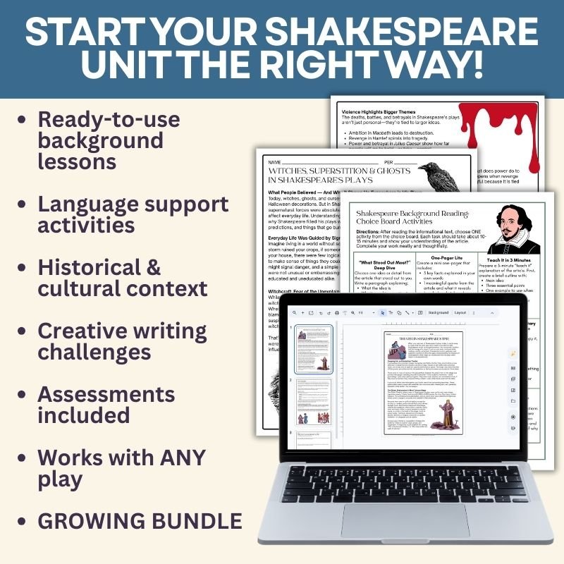 Shakespeare Pre - Reading Activities Bundle – Background, Language, History & Lessons for ANY Shakespeare Play Grades 7–12