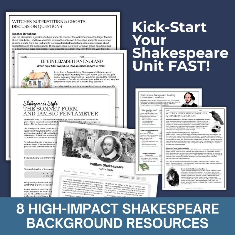 Shakespeare Pre - Reading Activities Bundle – Background, Language, History & Lessons for ANY Shakespeare Play Grades 7–12