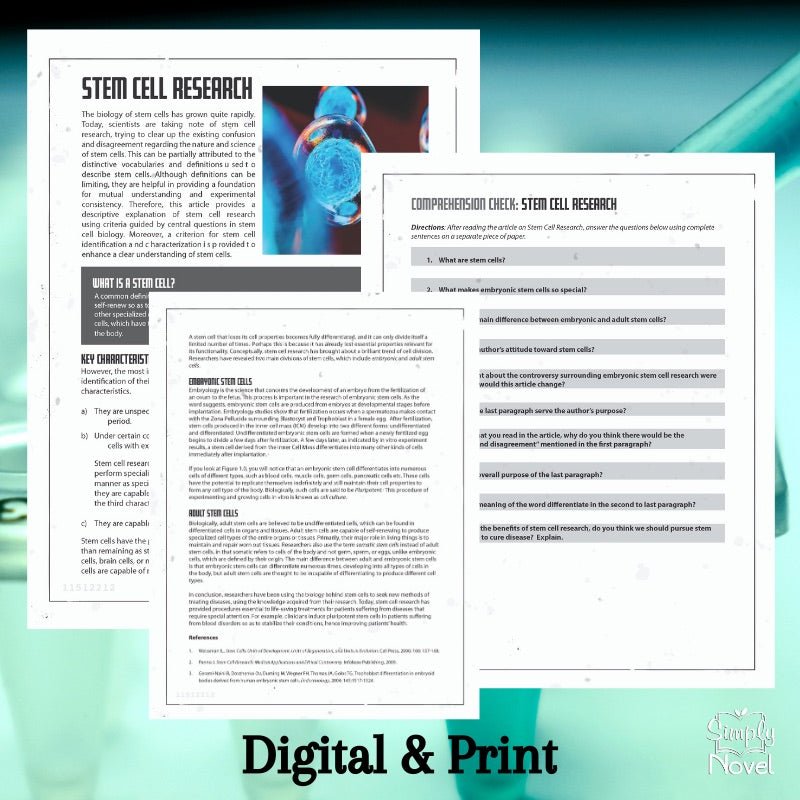 Stem Cell Research Reading & Questions | ELA, Health, or Science Unit Resource - Simply Novel