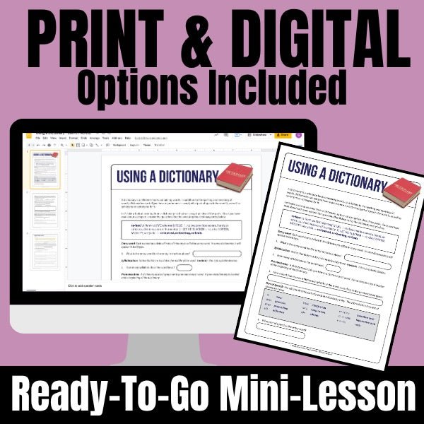 Using a Dictionary Entry Lesson Handout, Practice Identifying Parts of an Entry - Simply Novel