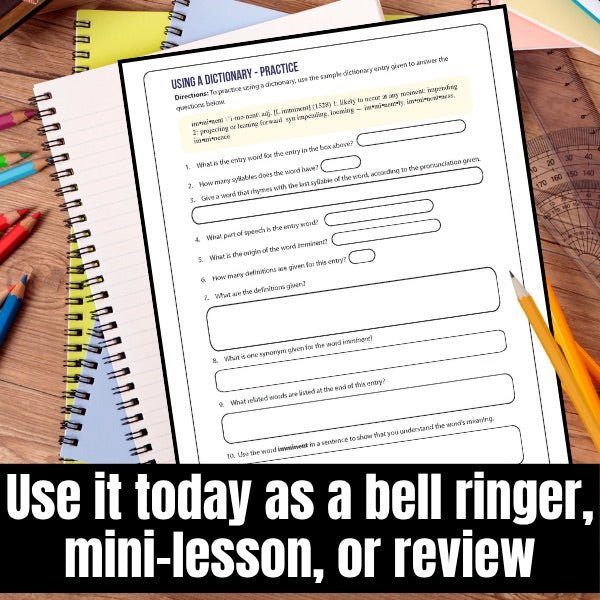 Using a Dictionary Entry Lesson Handout, Practice Identifying Parts of an Entry - Simply Novel