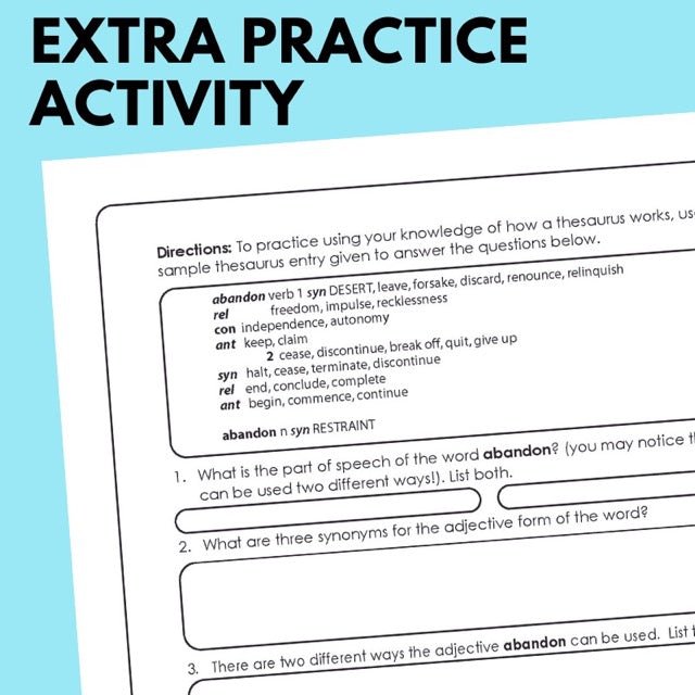 Practice Saurus Using a Thesaurus Lesson Handout, Parts of a Thesaurus Entry – Simply Novel