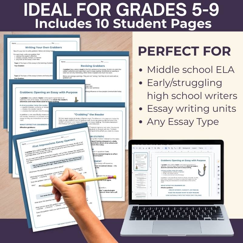 Writing Power - Packed Grabbers - Essay Hooks, Leads - Writing Lesson & Worksheets - Simply Novel