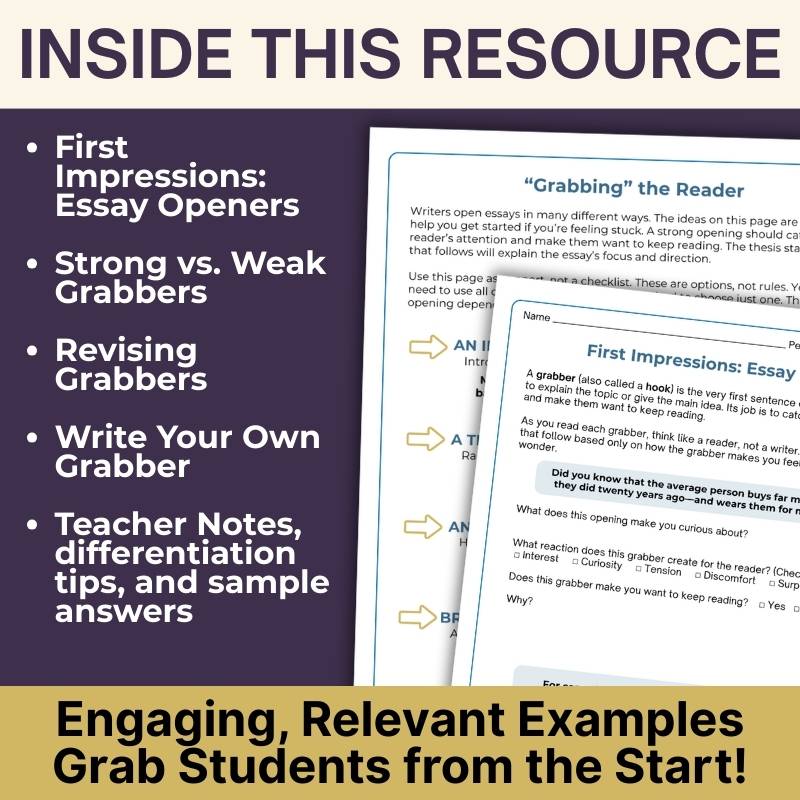 Writing Power - Packed Grabbers - Essay Hooks, Leads - Writing Lesson & Worksheets - Simply Novel