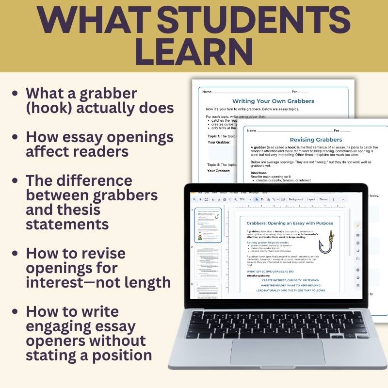 Writing Power - Packed Grabbers - Essay Hooks, Leads - Writing Lesson & Worksheets - Simply Novel