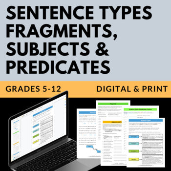 Four Sentence Types, Fragments, Subjects, Predicates Handouts and Worksheets