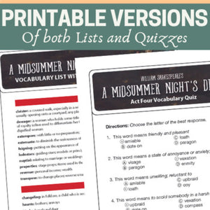 A Midsummer Night's Dream Unit Vocabulary & Allusions Lists, Vocabulary Quizzes