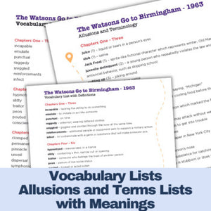 The Watsons Go To Birmingham Novel Study - Vocabulary Lists, Vocabulary Quizzes