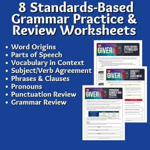 The Giver Novel Study Standards- Based Grammar & Language Practice Worksheets