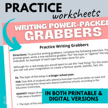 Load image into Gallery viewer, Writing Power-Packed Grabbers - Essay Hooks, Leads - Writing Lesson &amp; Worksheets